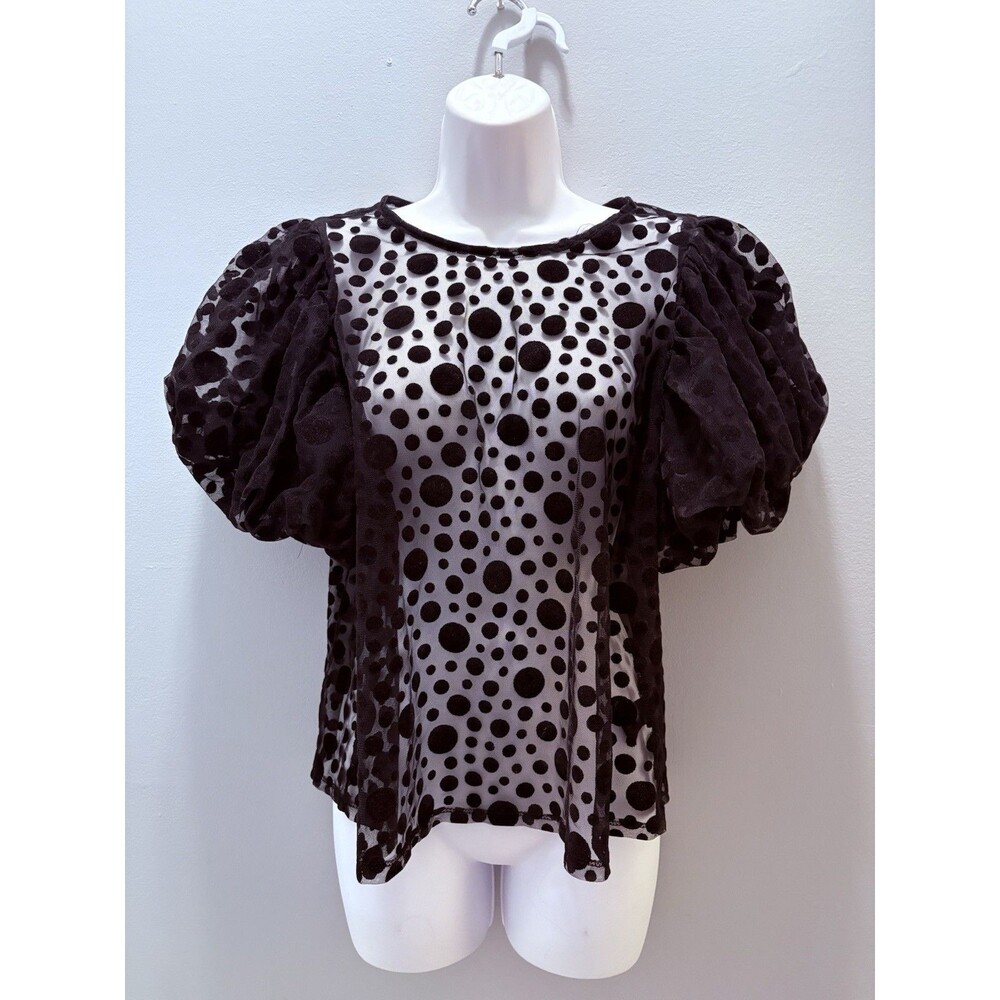 Haute Monde Womens Large Black Sheer Dots Puff Sleeves Whimsigoth Fairy Coquette